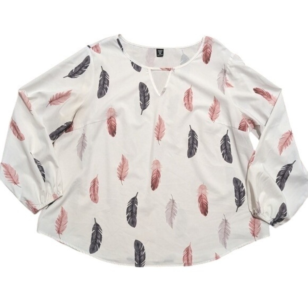 SHEIN Feather Print Blouse Plus 1X 14 16 Cutout Neckline Top Shirt Career Work